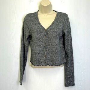 American Eagle - Gray And Black V Neck Button Down Long Sleeve Crop Top Small